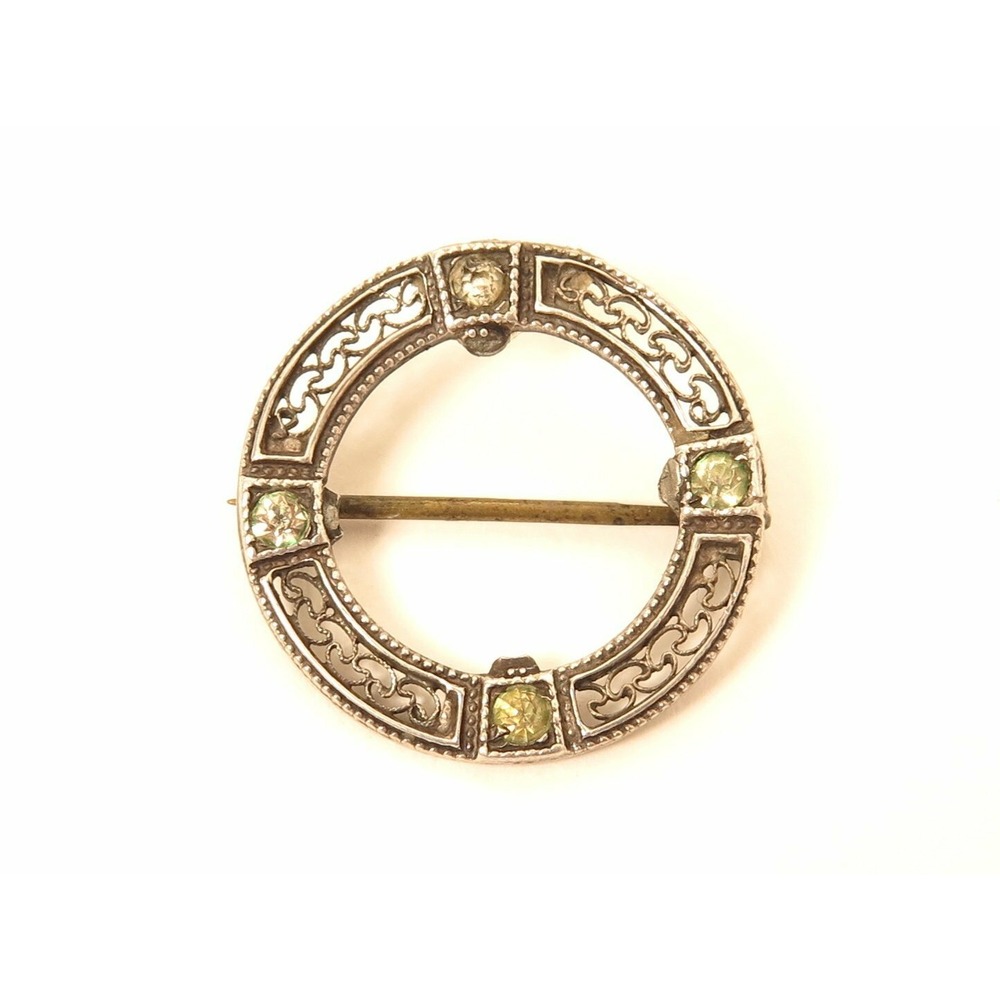 Vintage Small Art Deco Filigree Paste Rhinestone Accent‎ Sterling Silver Pin